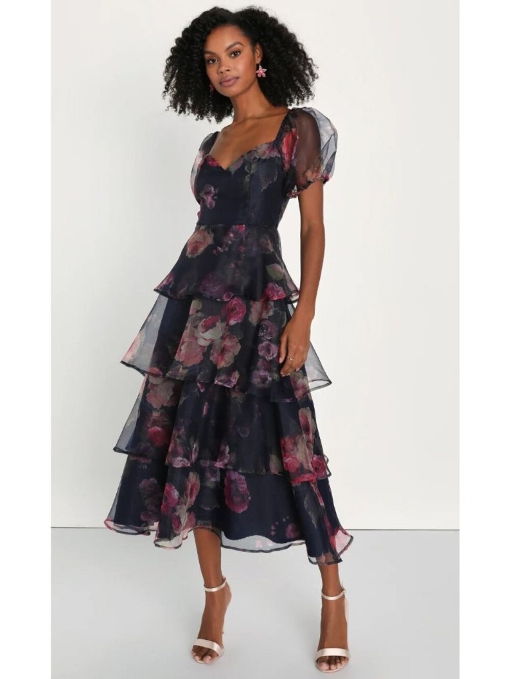 Lulus Oh-So Stunning Floral Organza Tiered Midi Dress Womens Size Medium NWT!